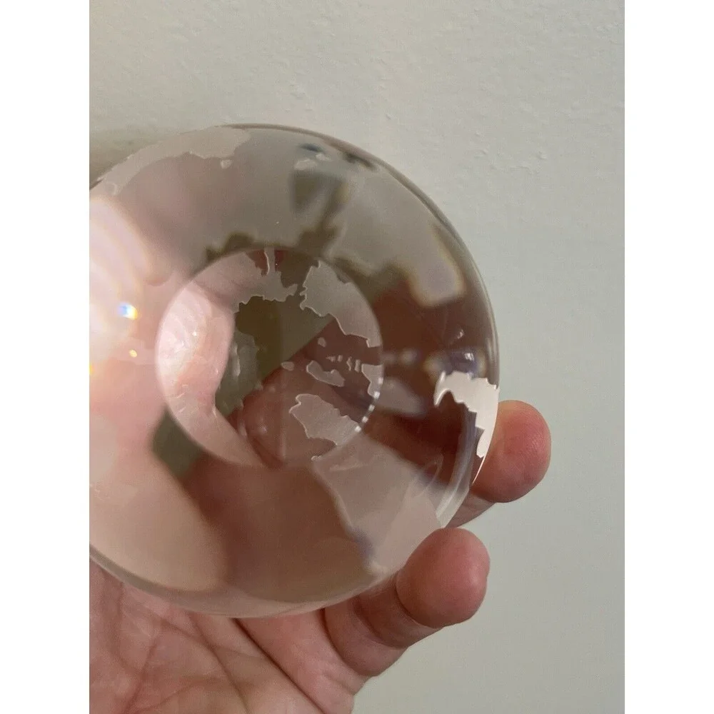 Vtg Clear WORLD MAP GLOBE Etched Glass Large Marble Paperweight Office Decor